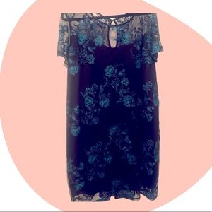 NWT Lace Covered Shift Dress With Teal Flowers